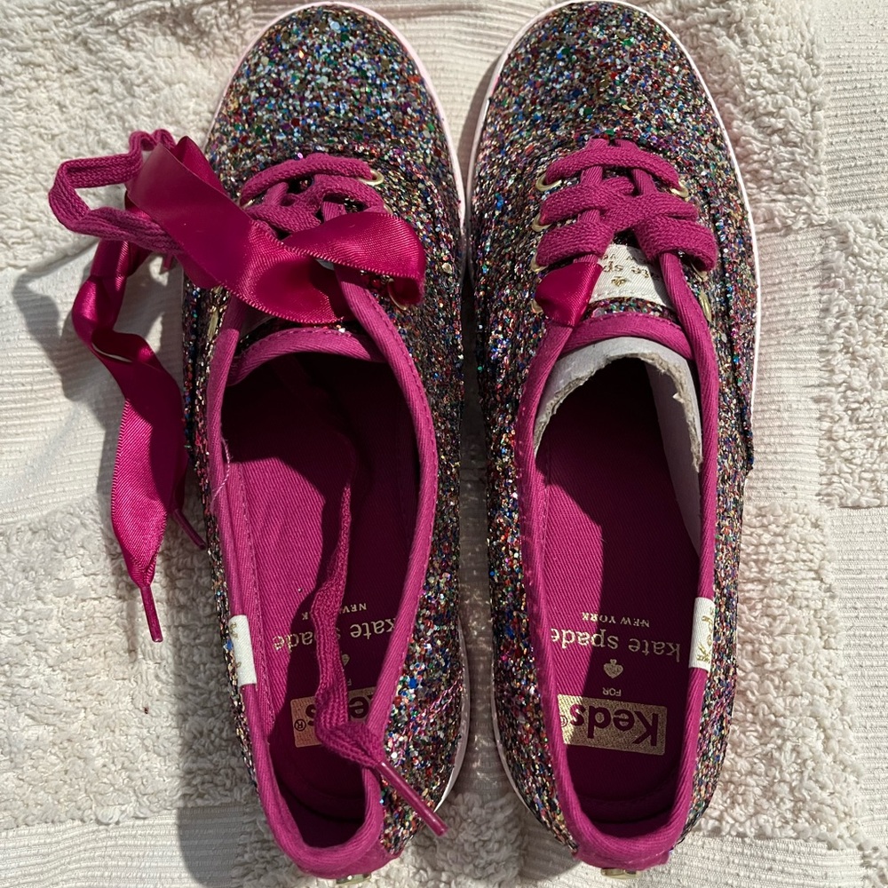 Kate Spade Keds Multicolor Glitter Sneakers with Fuchsia Laces